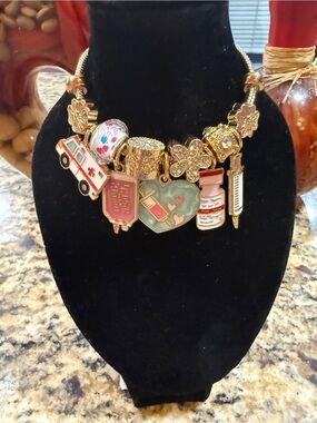 Gold Medical Charm bracelet with Pink and Mint Accents